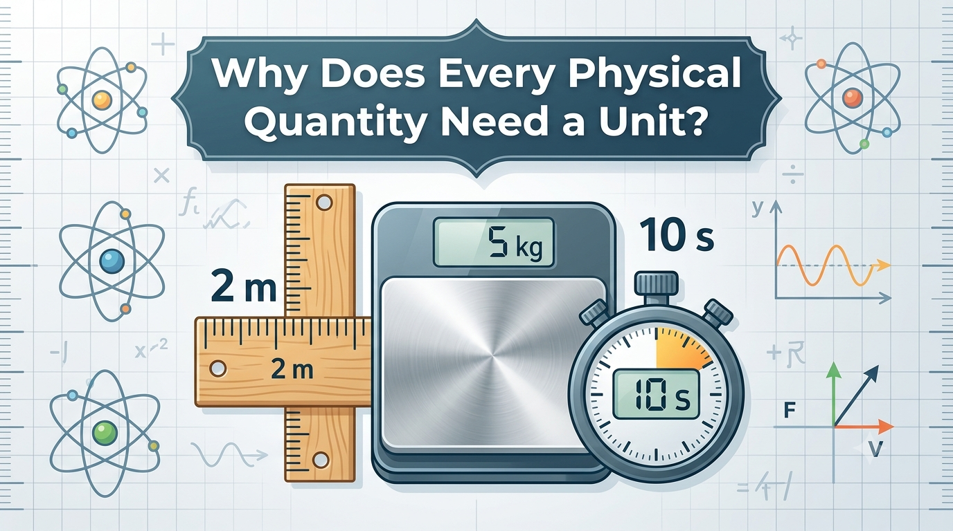 Under the title 'Why Every Physical Quantity Needs a Unit', an educational infographic thumbnail featuring a bar measuring 2 meters, a scale measuring 5 kilograms, and a stopwatch measuring 10 seconds.