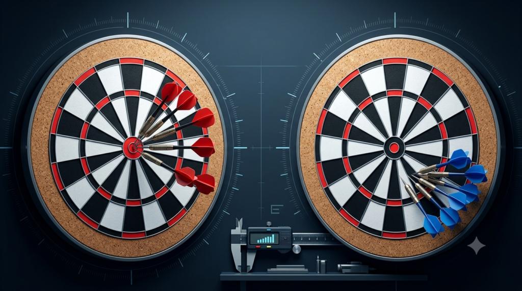 Two 3D dartboards placed side by side, with a digital caliper, on a dark background, showing a cluster of red darts in a bullseye in the center for high accuracy, and blue darts placed more densely off center for high precision.