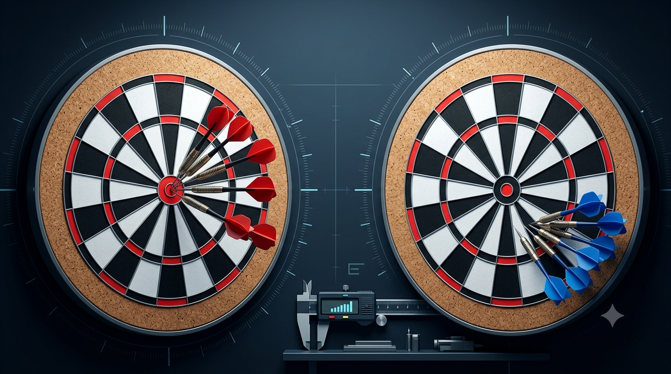 Two 3D dartboards placed side by side, with a digital caliper, on a dark background, showing a cluster of red darts in a bullseye in the center for high accuracy, and blue darts placed more densely off center for high precision.