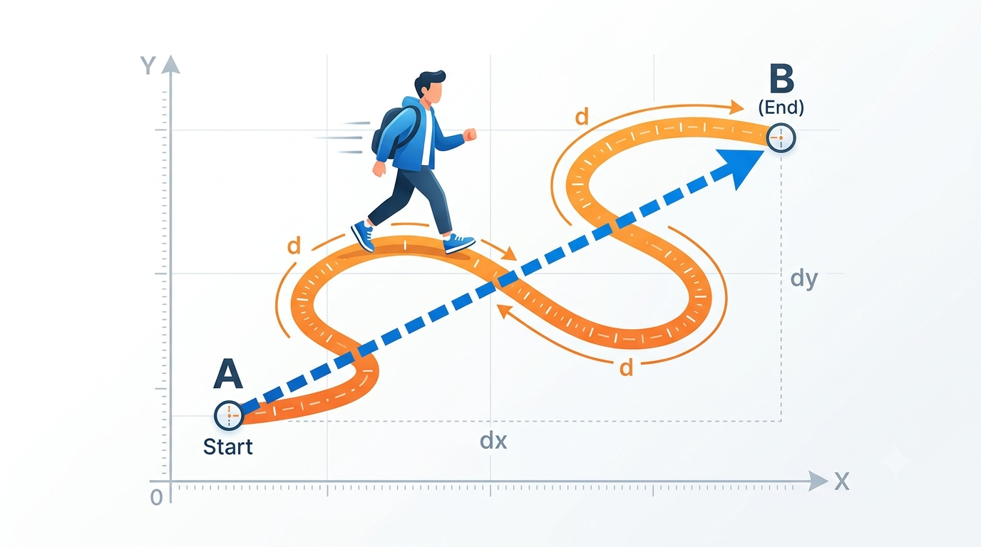 An educational illustration of a person walking along an orange curved path, compared to a blue straight dashed arrow indicating displacement from point A to point B on a Cartesian coordinate grid; the distance along this path is shown.