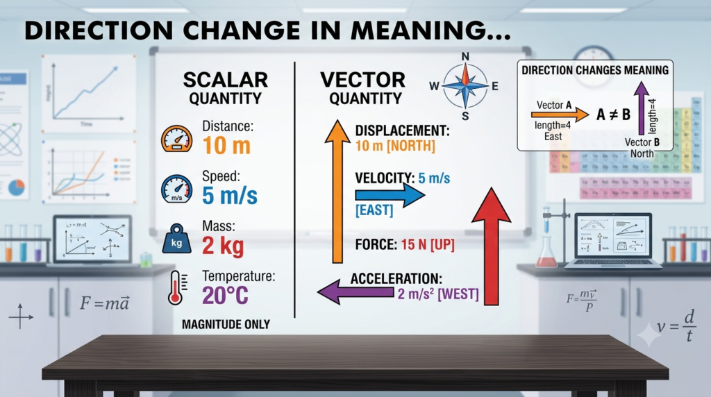 An educational physics diagram displayed on a classroom whiteboard, using measurements such as velocity, momentum, force, and acceleration, to illustrate the difference between scalar and vector quantities with the help of colored directional arrows and equations.