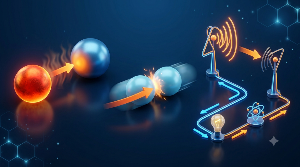 A scientific visualization depicting heat transfer from a hot red sphere to a cold blue sphere, collisions of mechanical energy, and waves in an electrical circuit, with the flow of energy represented by glowing arrows.