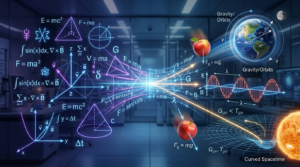 An abstract digital scene showing glowing mathematical equations and vectors transforming into physical reality, like planets, light waves, and falling objects, in a blue scientific laboratory.
