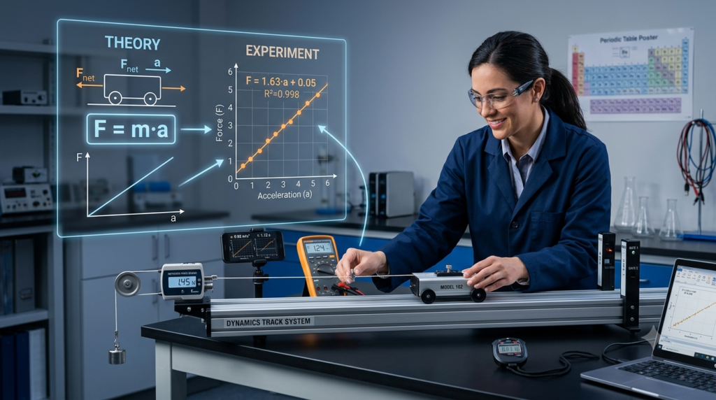 A female physicist in a modern laboratory is analyzing experimental physics data using a Dynamics Track Cart force sensor and a glowing digital hologram graph, comparing theoretical force equations with actual experimental acceleration results.