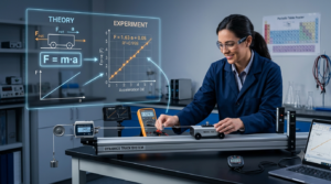A female physicist in a modern laboratory is analyzing experimental physics data using a Dynamics Track Cart force sensor and a glowing digital hologram graph, comparing theoretical force equations with actual experimental acceleration results.