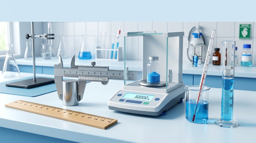 Scientific measuring instruments such as a digital balance, vernier caliper, graduated measuring cylinder, and thermometer are arranged on a shiny modern laboratory workbench, demonstrating the concepts of precision and parallax error.