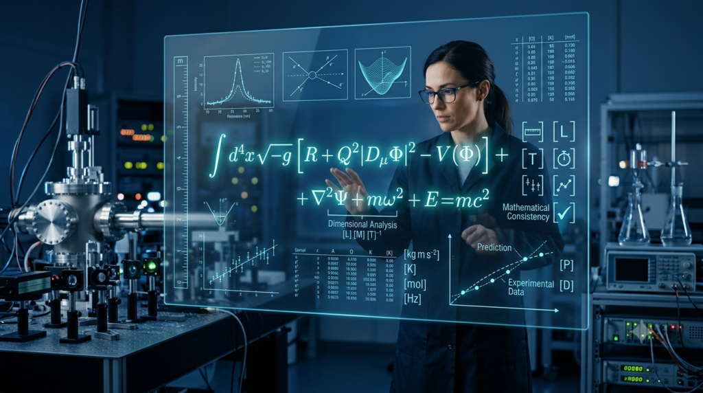 A female physicist standing in a dark laboratory, analyzing physics equations and data graphs flashing on a transparent digital screen.