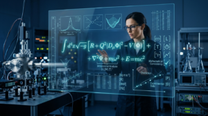 A female physicist standing in a dark laboratory, analyzing physics equations and data graphs flashing on a transparent digital screen.