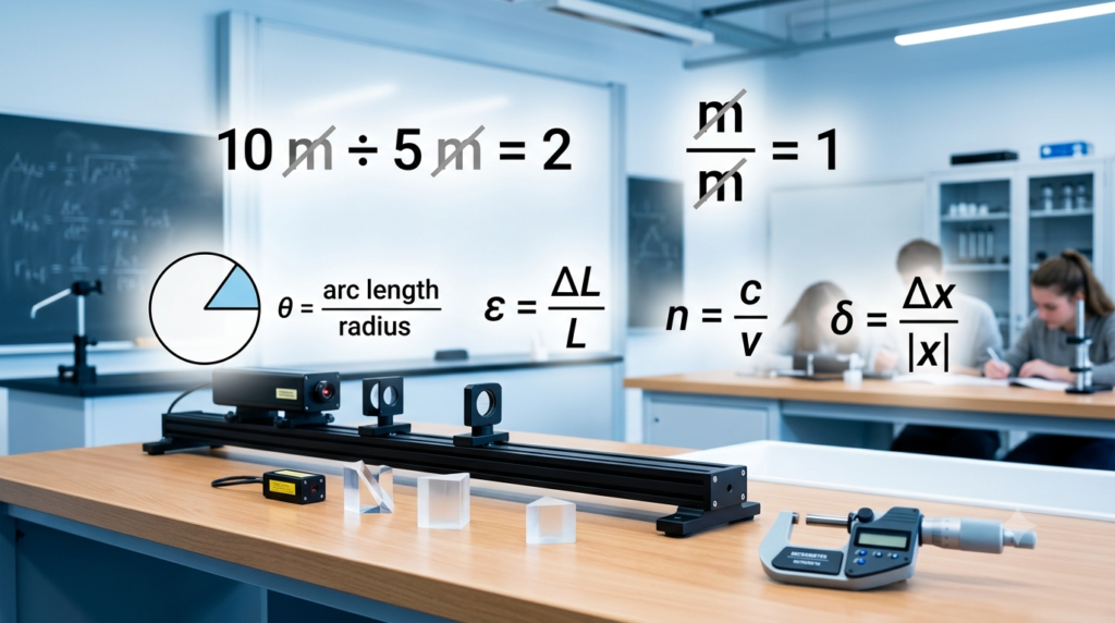 A set-up in a physics laboratory, where floating-point equations and measurement equipment are displayed to visually explain dimensionless physical quantities.