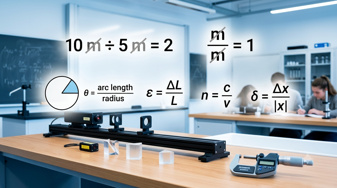 A set-up in a physics laboratory, where floating-point equations and measurement equipment are displayed to visually explain dimensionless physical quantities.