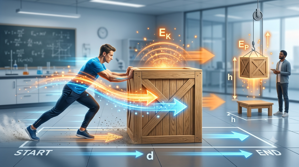 An educational physics illustration of a person pushing a wooden box across the floor, with bright arrows representing energy transfer, force, displacement, and a lifted box representing potential energy.
