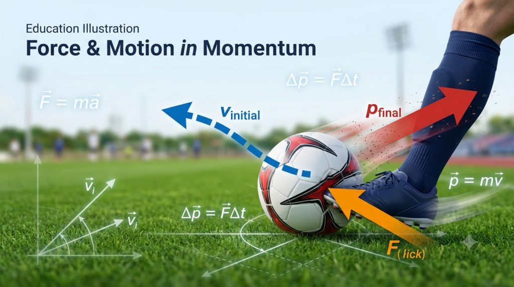 3D physics illustration showing a foot kicking a soccer ball on a grass field, with vector arrows, motion paths, and math equations illustrating force and change in momentum.