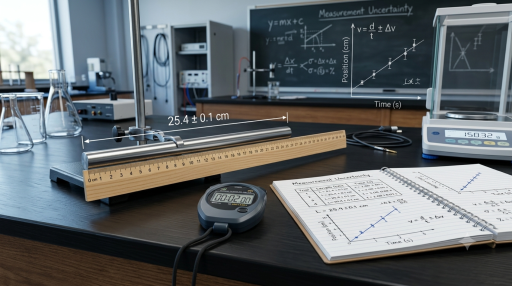 A physics lab setup, showing a twenty-five integer four plus or minus zero integer one centimeter ruler on a metal rod, next to which is a digital stopwatch, a laboratory scale, and an open notebook with a data graph with error bars.