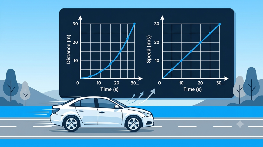 A white modern car driving on a road alongside a dark navy blue physics panel displaying a distance time graph and a speed time graph with curved and rising lines.