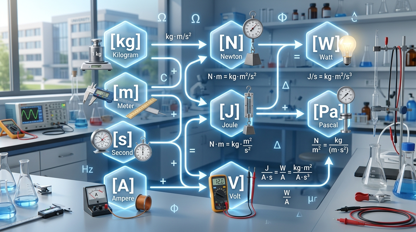 In a bright science lab, an educational physics illustration shows how the base SI units, such as the kilogram, meter, second, and ampere, are connected by blue mathematical arrows and formulas to form derived units, such as the newton, joule, watt, pascal, and volt.