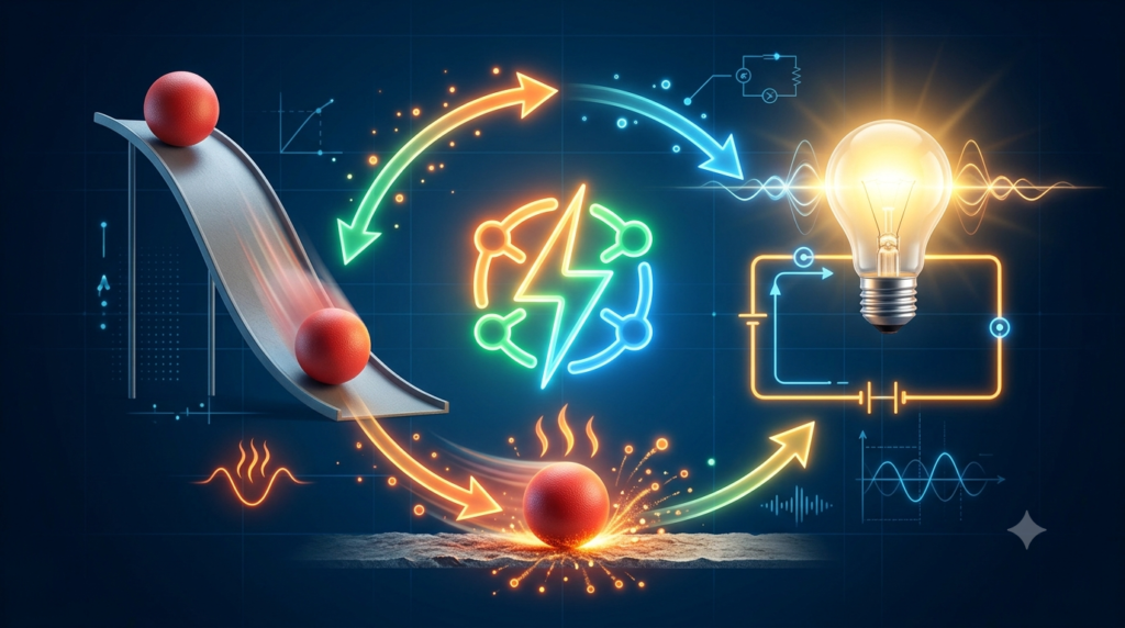 An educational science illustration illustrating the law of conservation of energy, using glowing arrows connecting the gravitational potential energy of a falling ball, the kinetic energy converted to heat by friction, and the electrical circuit that powers a glowing bulb, against a dark blue background.