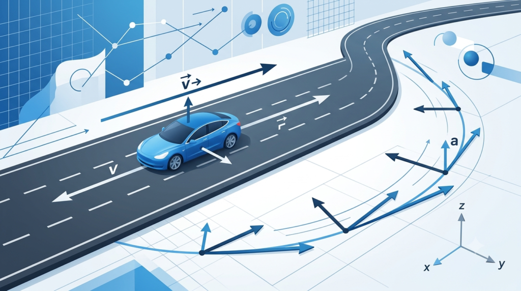 3D physics vector illustration of a blue car racing down a road, on a modern blue background, with a velocity arrow, indicator axis, and curved acceleration path.