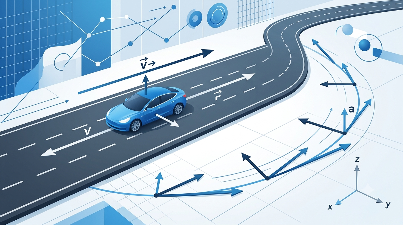3D physics vector illustration of a blue car racing down a road, on a modern blue background, with a velocity arrow, indicator axis, and curved acceleration path.
