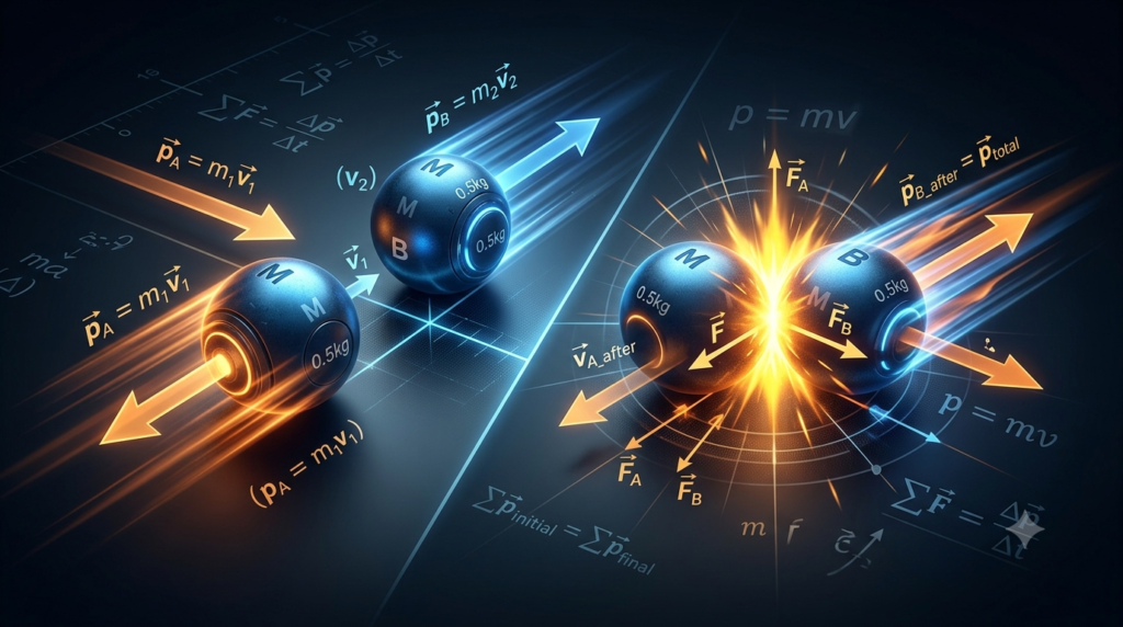 A 3D dynamic diagram depicting a collision of balls in physics, with vector arrows and the momentum equation p = mv².
