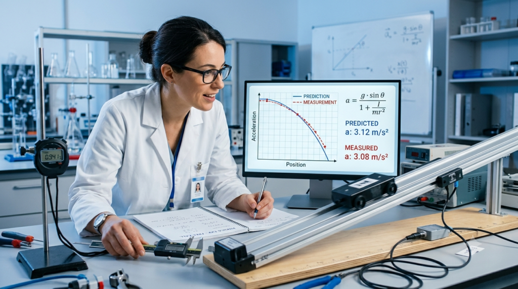 A female scientist wearing a white lab coat sits at a laboratory desk, looking at a monitor displaying equations and equipment, as well as a graph comparing predicted and measured physics data.