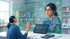 A student using a digital stylus on a transparent glass board to solve a multi step physics problem connecting formulas like v=u+at, F=ma, and kinetic energy with arrows.