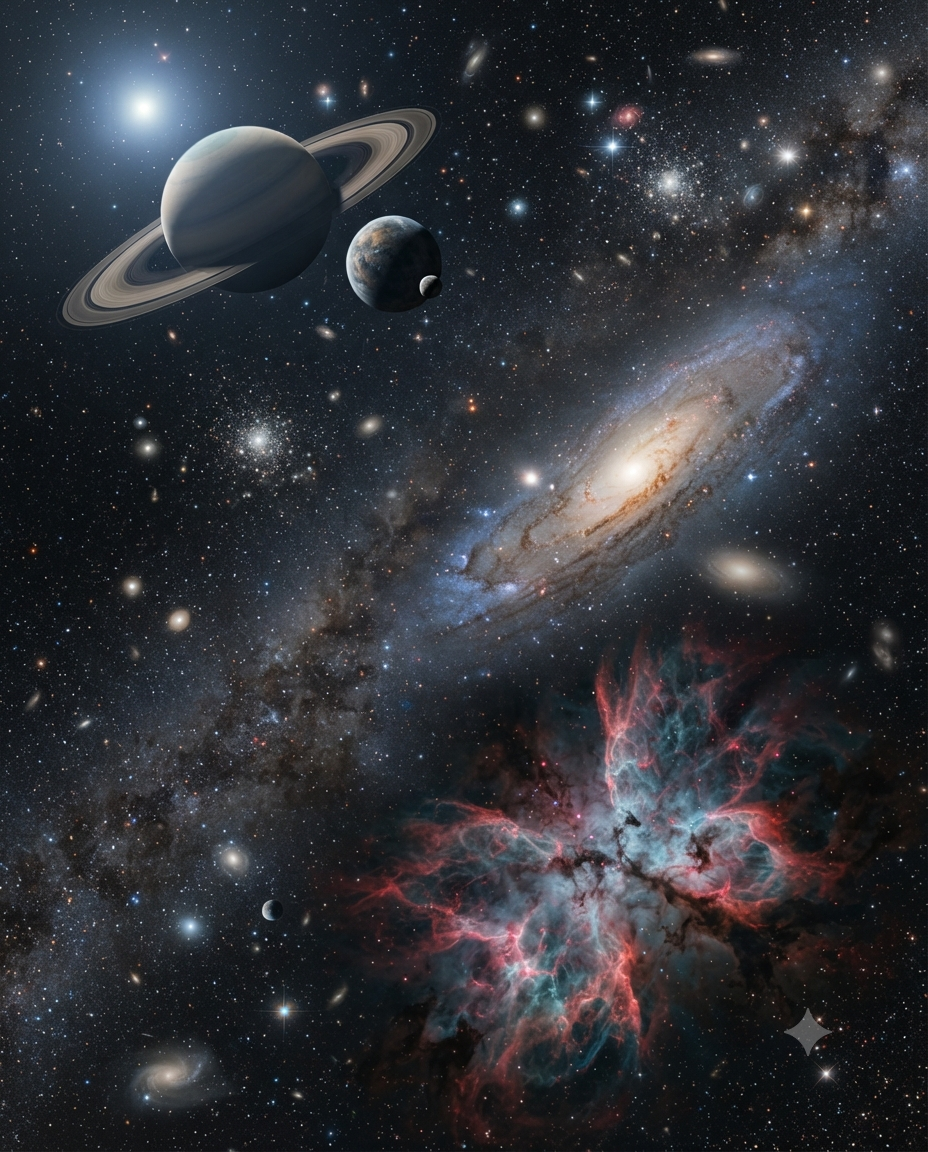 Astronomy scene with planets, stars, galaxies and nebulae