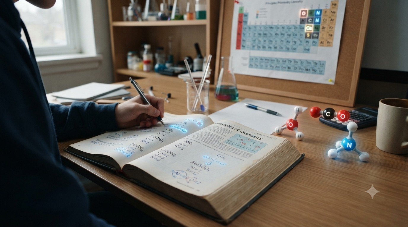 Chemistry study scene showing chemical formulas and atomic ratios calculated from subscripts and molecular structures