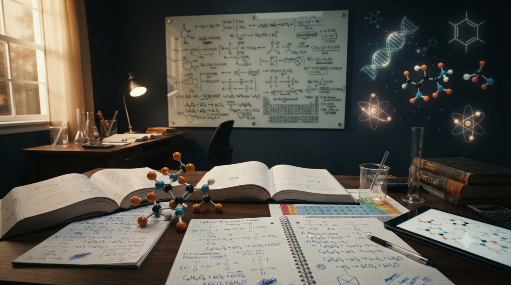 Chemistry study desk showing molecular, structural, ionic, Lewis, and chemical formulas