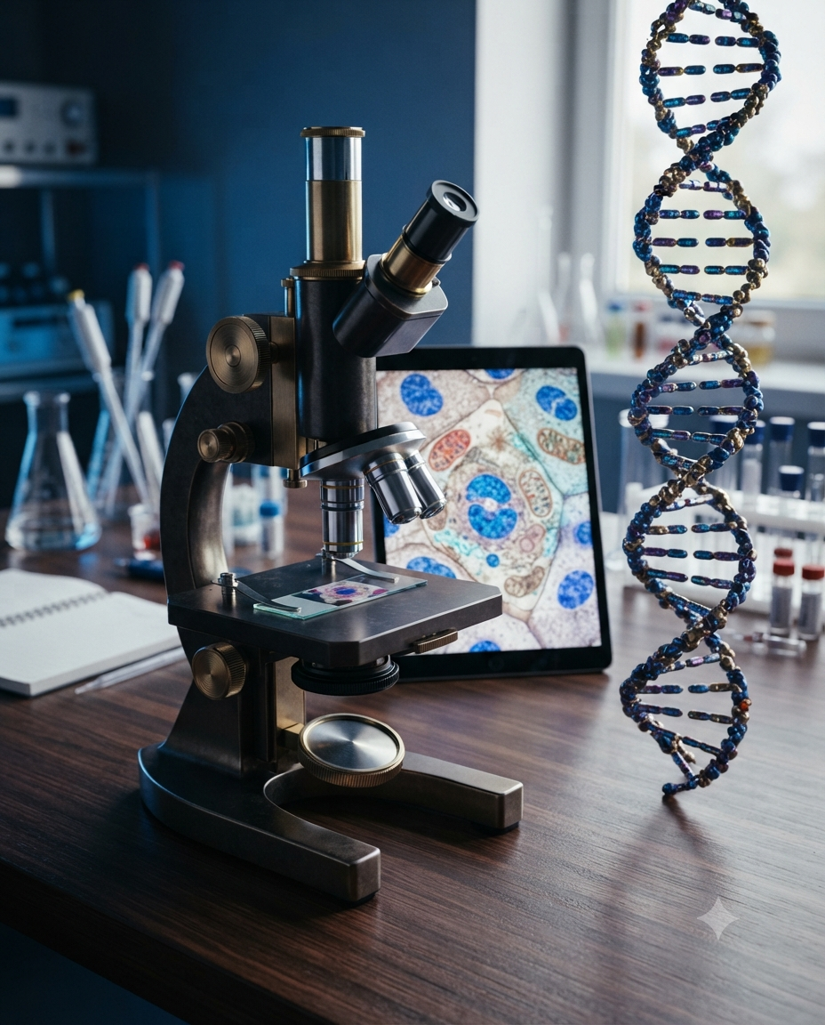 Biology microscope, cells, DNA and cellular structures