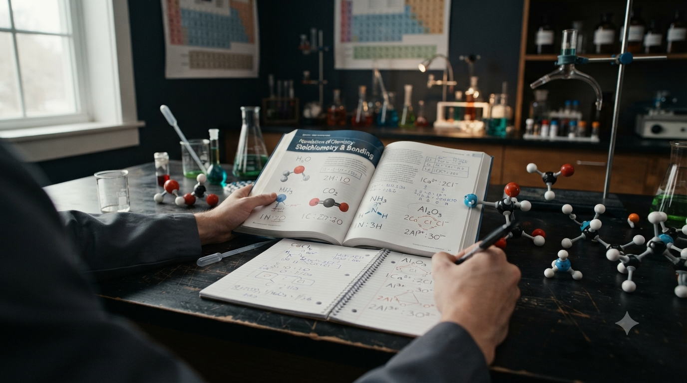 Chemical formula ratios showing atomic proportions and compound composition using formulas such as H₂O, CO₂, NH₃, and CaCl₂