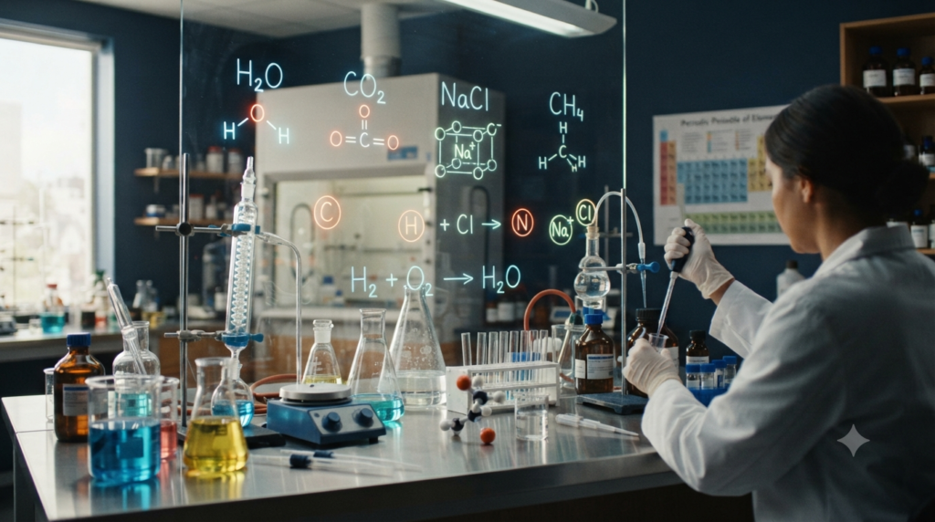Chemistry laboratory showing chemical formulas H₂O, CO₂, NaCl, and CH₄ with molecular structures and atomic symbols