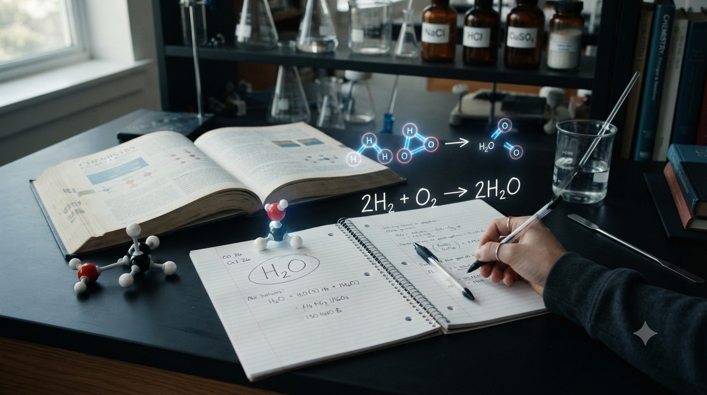 Chemistry study scene showing chemical formulas, molecular structures, and balanced chemical equations on a desk