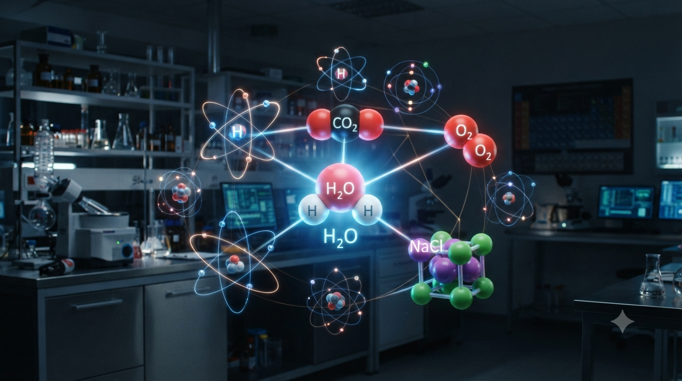 Chemical formulas showing how atoms connect to form molecules and compounds such as water carbon dioxide oxygen and sodium chloride.