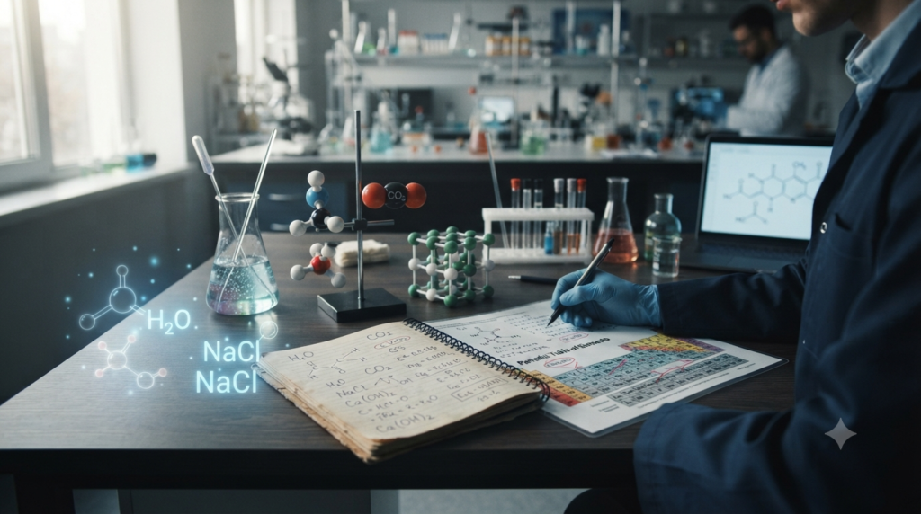 Chemical formulas such as H₂O, CO₂, NaCl, and Ca(OH)₂ representing elements, atoms, molecules, and compounds
