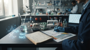 Chemical formulas such as H₂O, CO₂, NaCl, and Ca(OH)₂ representing elements, atoms, molecules, and compounds