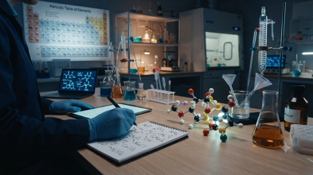 Chemical formulas such as H₂O and CO₂ showing the elements and atomic ratios that make up different chemical compounds.