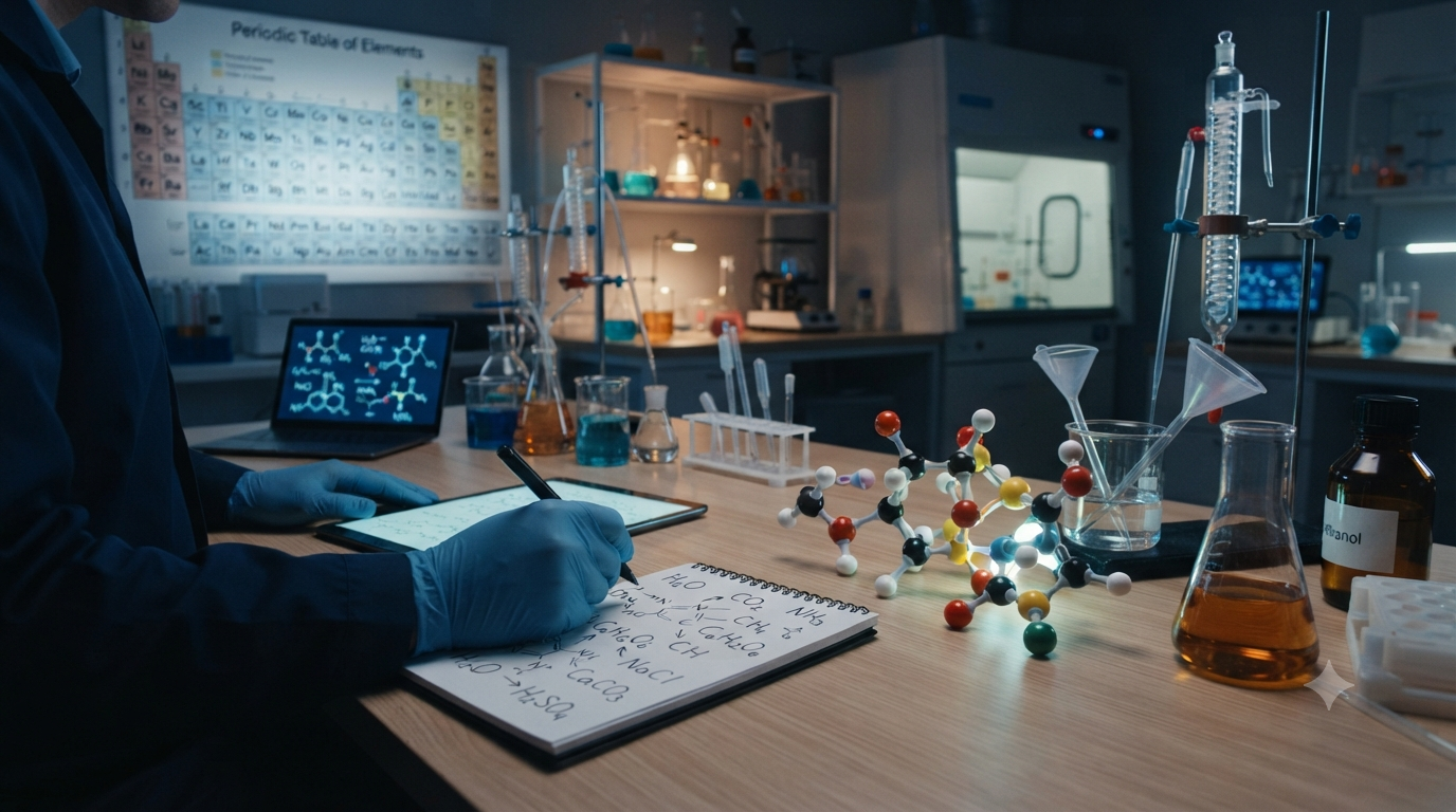 Chemical formulas such as H₂O and CO₂ showing the elements and atomic ratios that make up different chemical compounds.