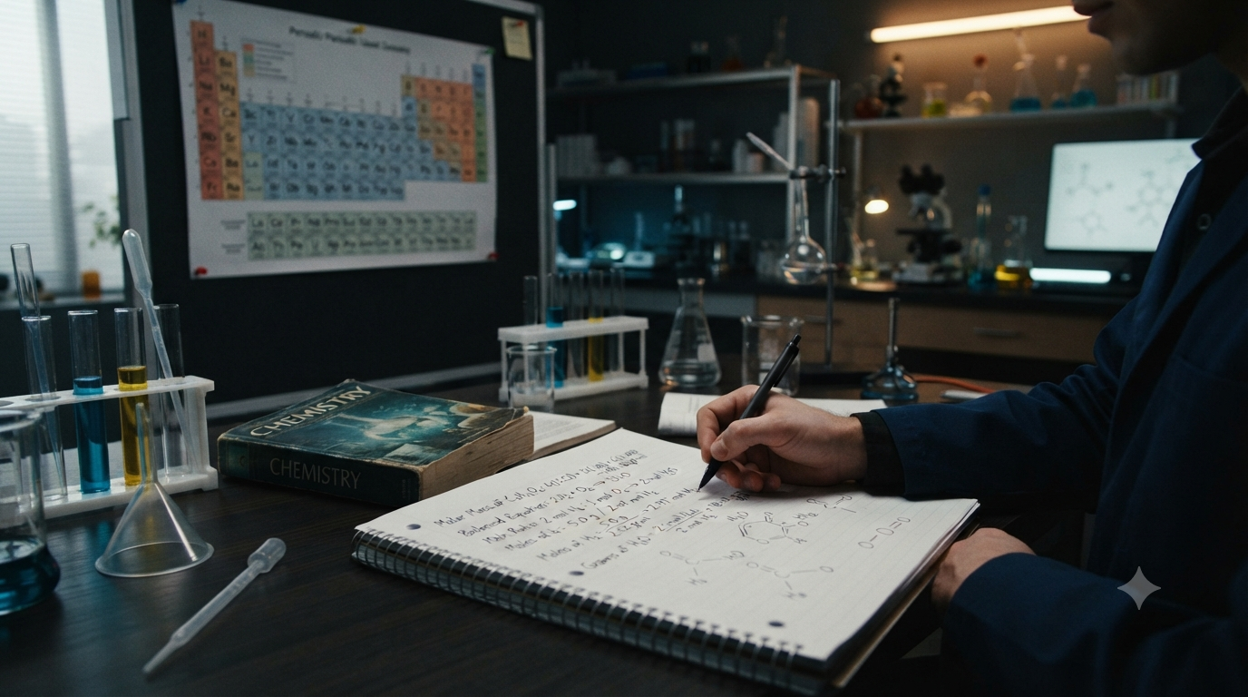 Chemical formulas, molar mass calculations, mole ratios, balanced equations, and molecular structures shown in a realistic chemistry study scene.