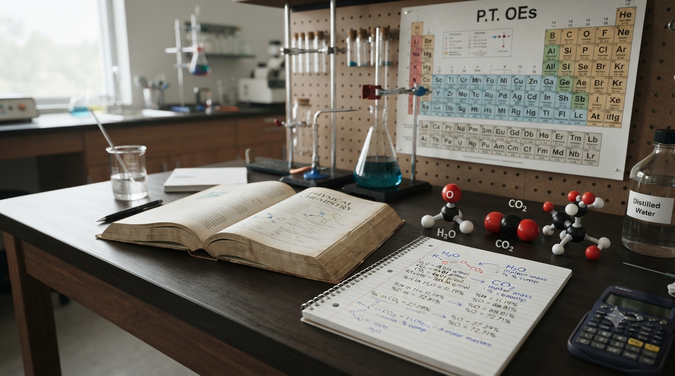 Chemical formulas showing molecular composition, molar mass, element ratios, and percentage composition calculations in chemistry.