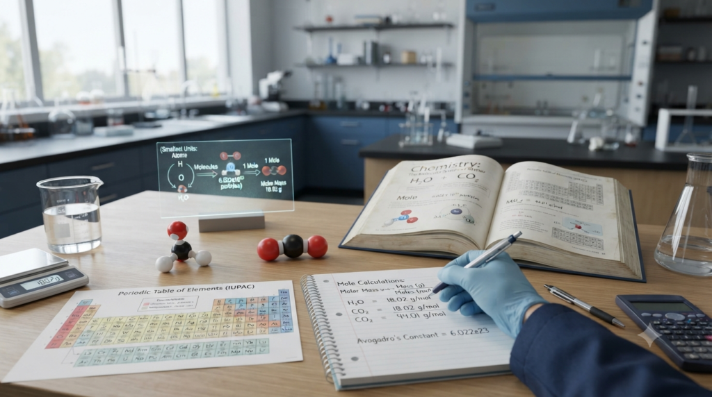 Chemical formulas, molecular models, mole calculations, Avogadro’s number, and molar mass concepts shown in a chemistry learning scene.