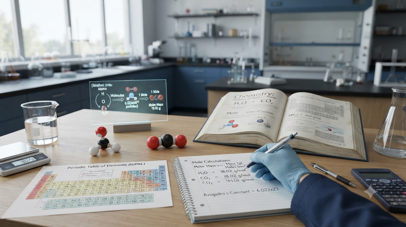 Chemical formulas, molecular models, mole calculations, Avogadro’s number, and molar mass concepts shown in a chemistry learning scene.