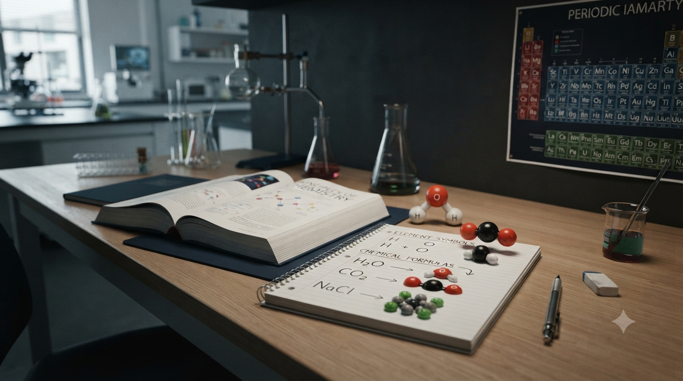 Chemical symbols and chemical formulas such as H, O, H₂O, CO₂, and NaCl shown with chemistry books and molecular models.