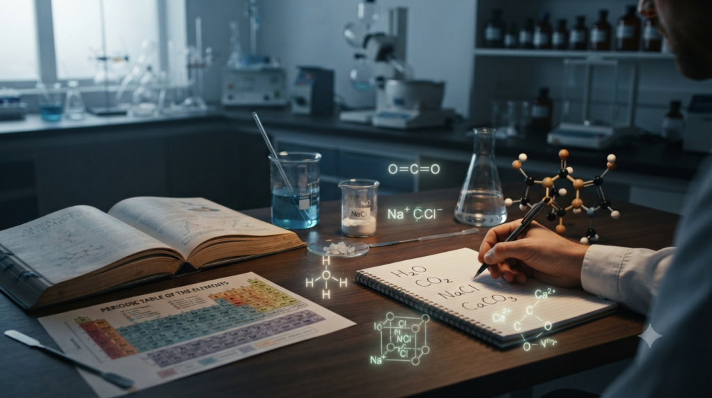 Chemistry study desk showing chemical symbols, periodic table, molecular models, and formulas such as H₂O, CO₂, NaCl, and CaCO₃