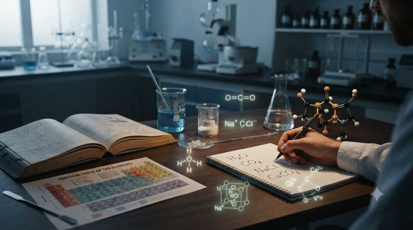 Chemistry study desk showing chemical symbols, periodic table, molecular models, and formulas such as H₂O, CO₂, NaCl, and CaCO₃