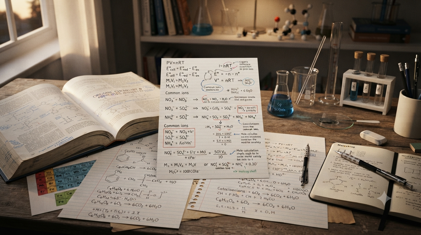 Chemistry formula reference sheet with chemical equations, mole formulas, ions, units, constants, and organized chemistry notes on a study desk.