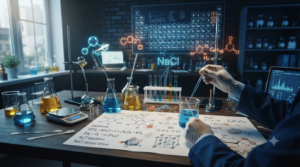 Chemistry formulas such as H₂O, CO₂, and NaCl with molecular models and chemical equations on a laboratory desk