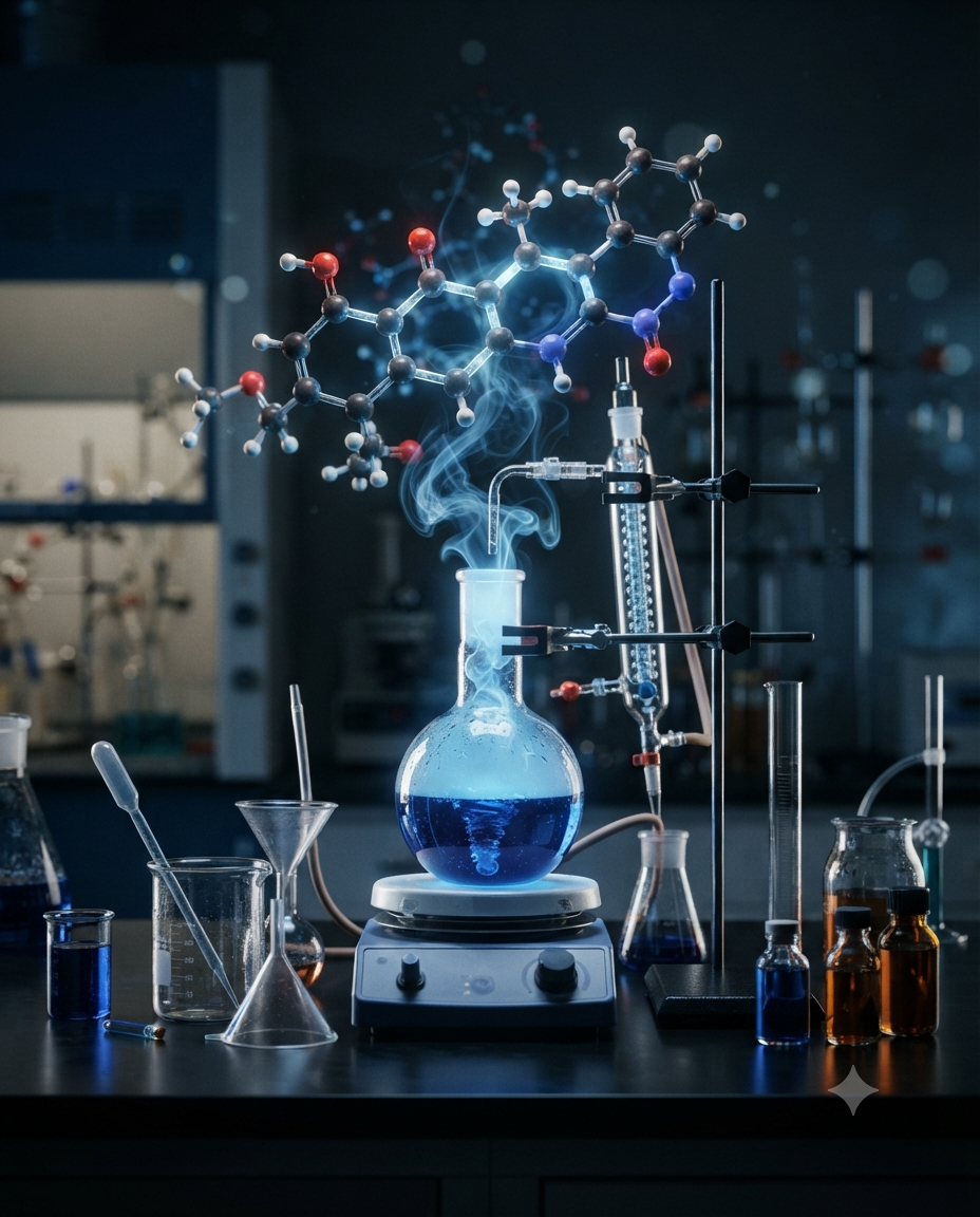 Chemistry laboratory glassware, molecules and chemical bonds
