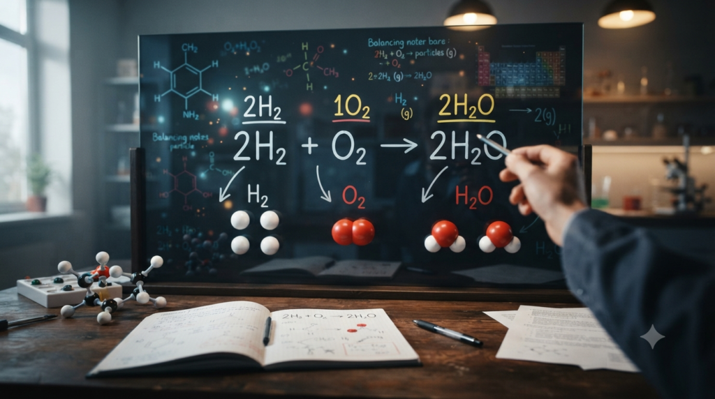 Chemistry equations showing coefficients, molecular models, and balanced chemical reactions
