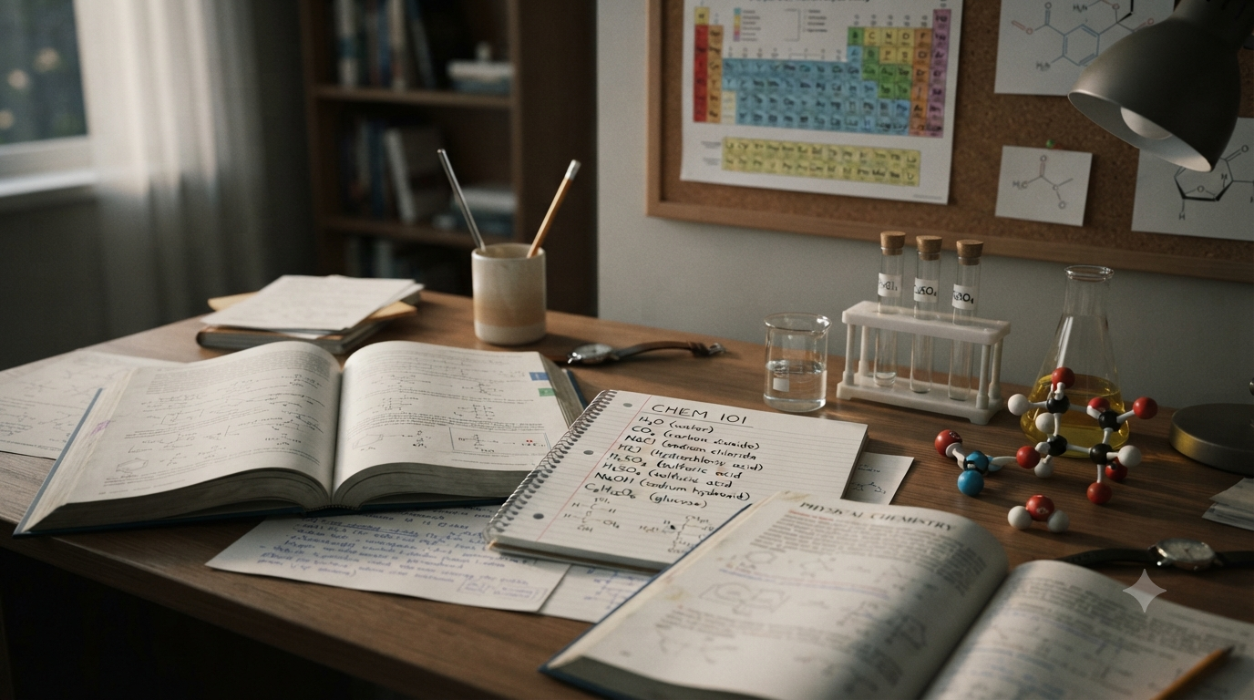 Chemistry study desk showing common chemical formulas, molecular structures, textbooks, laboratory glassware, and science notes.