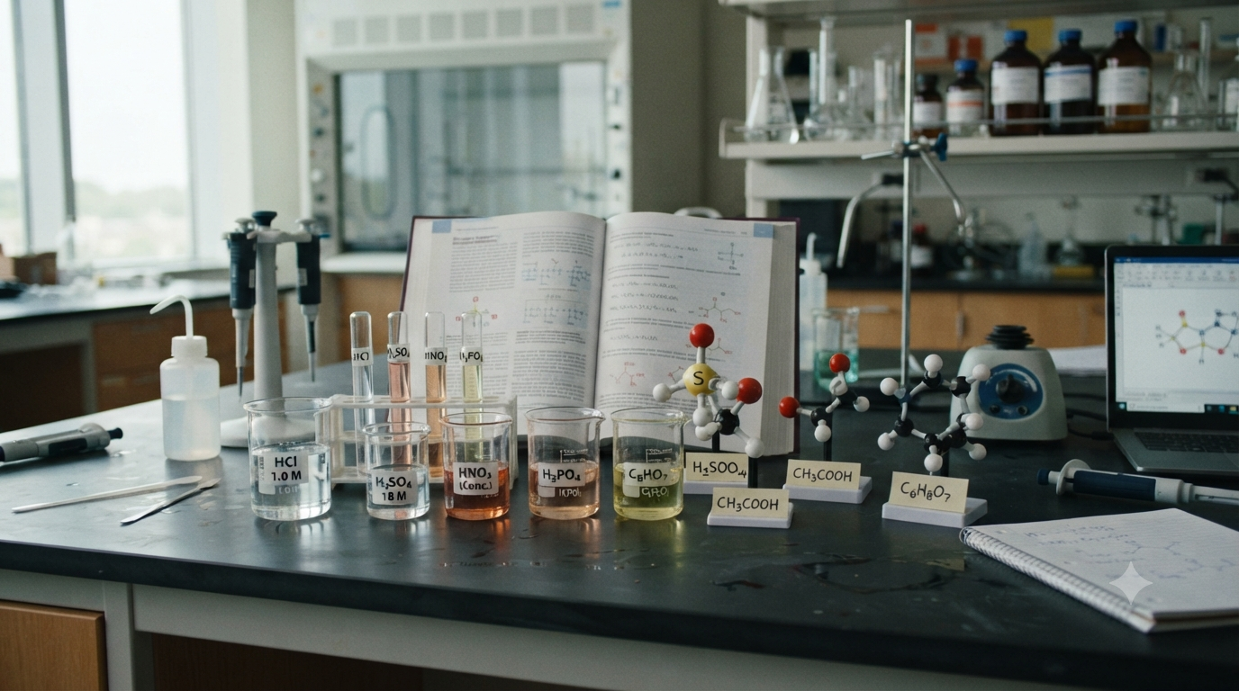 Common acid formulas in chemistry shown with laboratory glassware, molecular structures, and chemical formulas